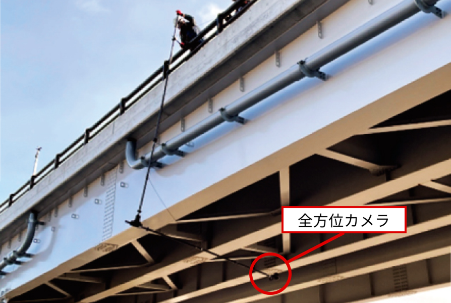 伸縮アームの先端に取り付けられたつりさげ太郎が橋梁の下部を撮影している